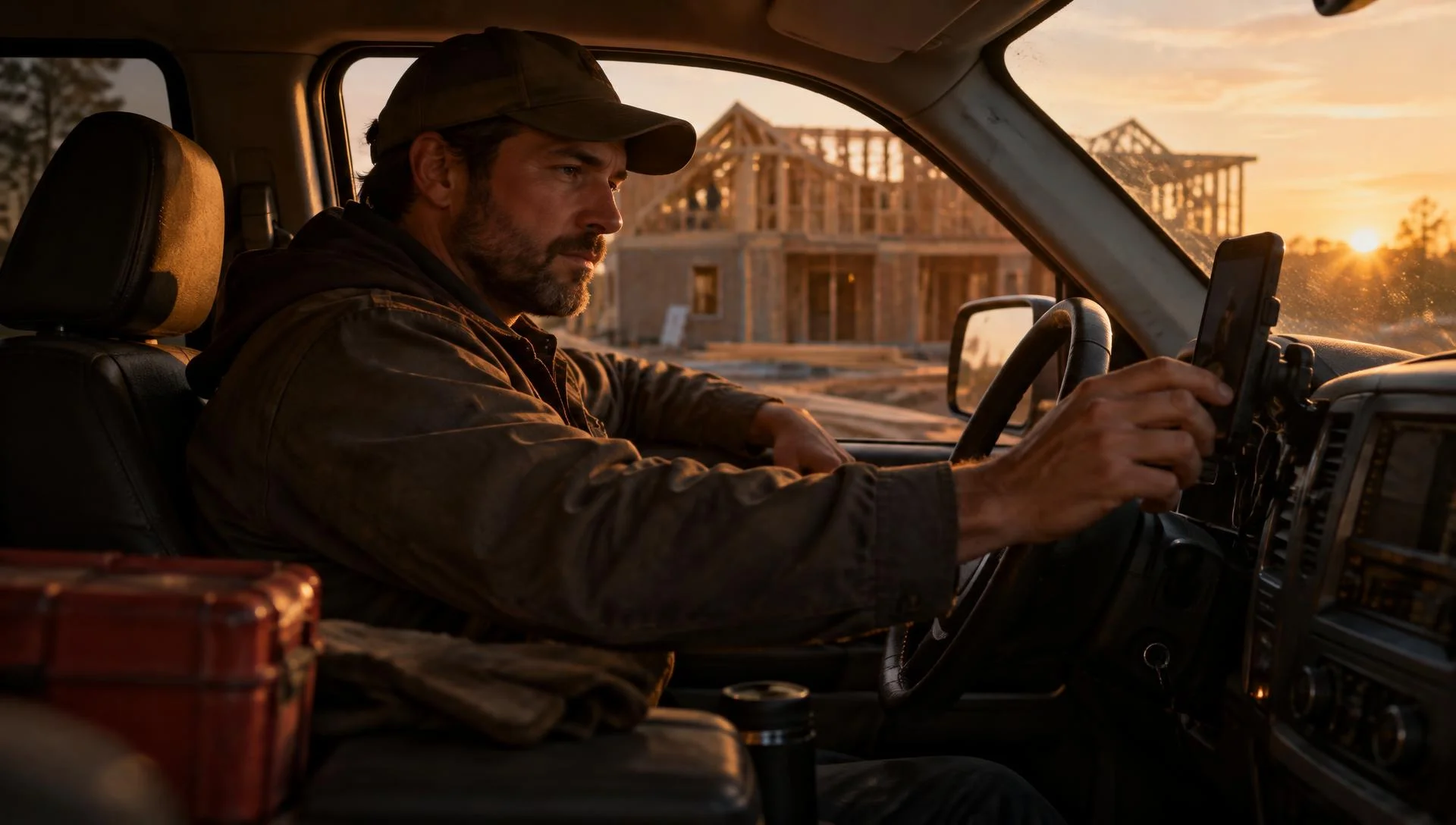Contractor in his truck at a job site checking a new lead on his dash-mounted phone